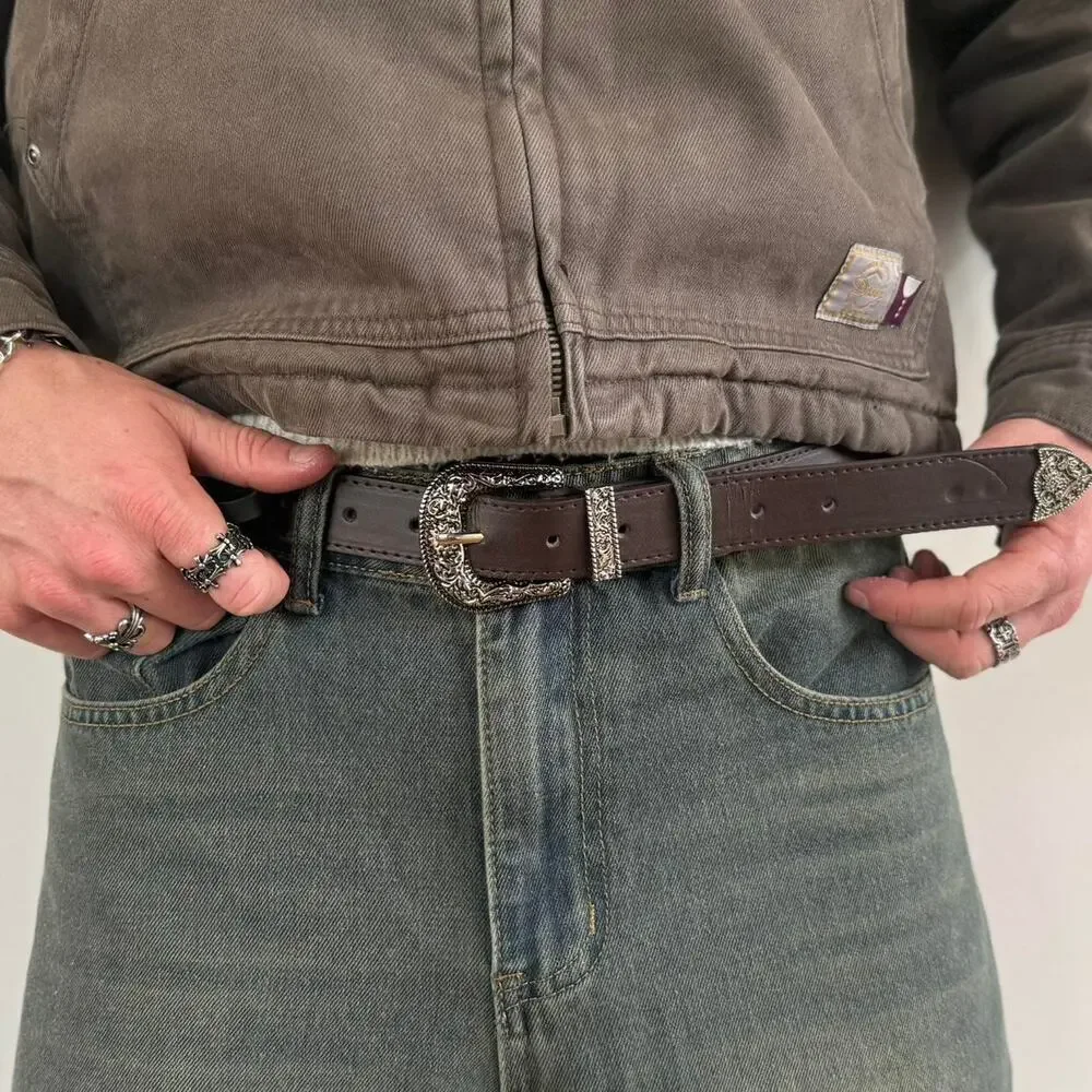 Y2K Brown Western Cowboy Belt – Boho Style, Unisex, Fits 26–34, Brand New